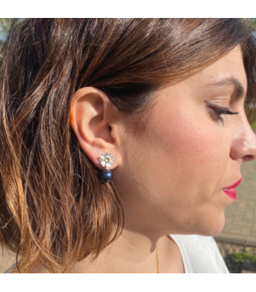 Pendientes Fiori con bola de cristal azul marino